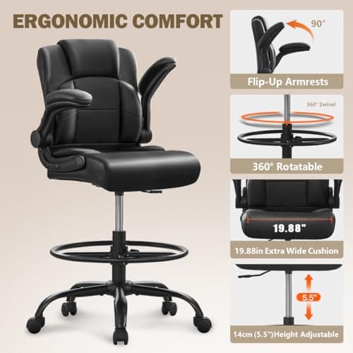 Ergonomic Drafting Chair,Tall Office Chair for Standing Desk with Flip-Up Armrests,Adjustable Foot Ring & Height, High Leather Executive Office Chair for Home,Drawing or Counter Height Use