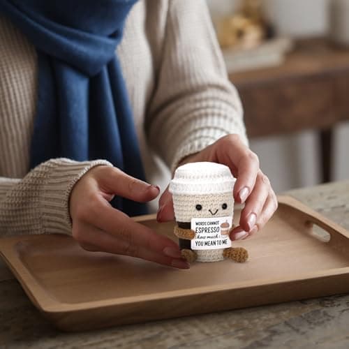 Funny Positive Coffee, Emotional Crochet Doll, Cute Crochet Potato Partner Toy with Positive Card Cheer Up Funny Gag Gifts for Best Friend Birthday Women Teacher Fall（Coffee B0DW8XPF2P