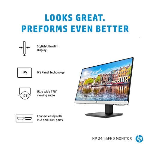 HP 24mh FHD Monitor - Computer Monitor with 23.8-Inch IPS Display (1080p) - Built-in Speakers and VESA Mounting - Height/Tilt Adjustment for Ergonomic Viewing - HDMI and DisplayPort - (1D0J9AA#ABA)