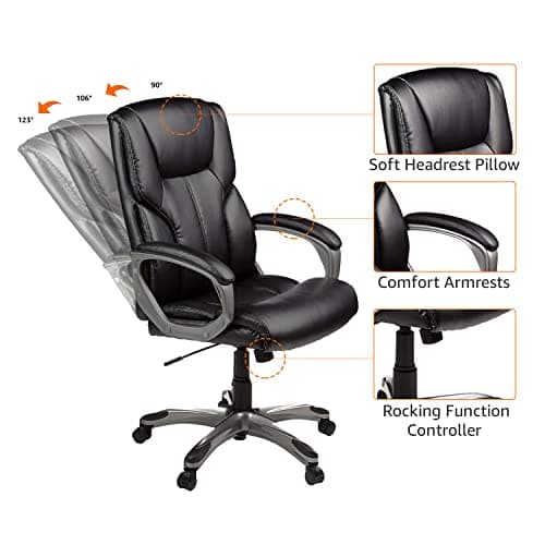 Amazon Basics Executive High Back Office Chair, Adjustable Height, Tilt, Swivel, Padded Seat, Bonded Leather, Wheels, Black/Silver