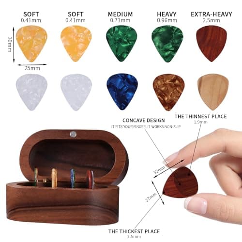 Walnut Guitar Plectrum Holder Set with 2 Color Wood Plectrums and 8 Celluloid Plectrums (4 Thicknesses),Mini Jewelry Box,Brown Wooden Trinkets,Box Size 3.35 * 1.77 * 1.57 inch (Wood color)