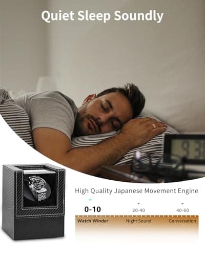 UnaMela Watch Winder for Automatic Watches: Automatic Single Watch Winder Box, Rotating Watch Case in Black Carbon Fiber Leather, Watch Rotator with Japanese Quiet Motor, Battery Powered or AC Adapter