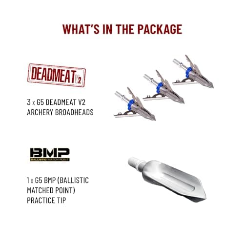 G5 Deadmeat V2 Expandable 3-Blade Broadheads | 3-Pack | 100/125 Grains | Razor Sharp 1.5" Cutting Diameter Mechanical Blades | Screw in | Compound & Recurve Compatible | 1 BMP Practice Tip Included