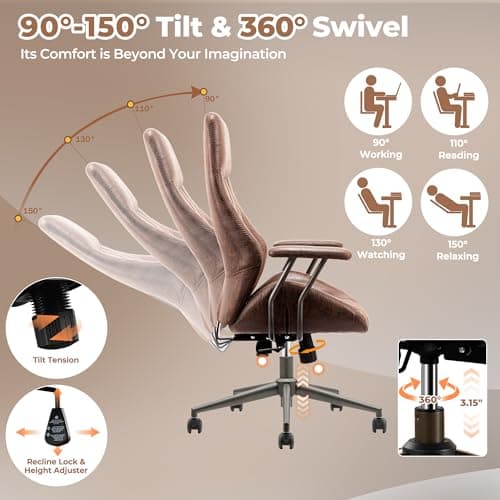 ovios Ergonomic Office Chair, High Back Faux Leather Executive Chairs with Armrests, Comfy Mid-Century Modern Swivel Rolling Computer Armchair (Dark Brown, Suede Leather)