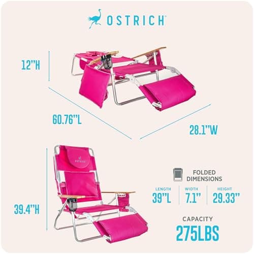 Ostrich the Deluxe 3N1 Lightweight Lawn Beach Reclining Lounge Chair with Footrest, Outdoor Furniture for Patio, Balcony, Backyard, or Porch, Pink