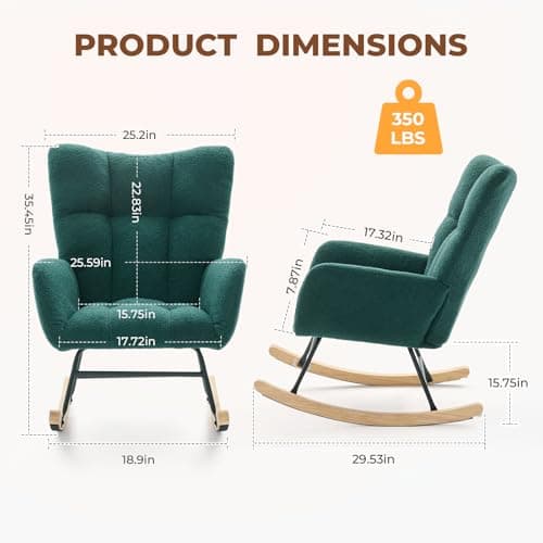 DUMOS Nursery Rocking Chair Teddy Upholstered, Comfy Glider Rocker with High Backrest Armchair Padded Seat, Accent Side Chair for Living Room Bedroom Offices Small Spaces Indoor, Green