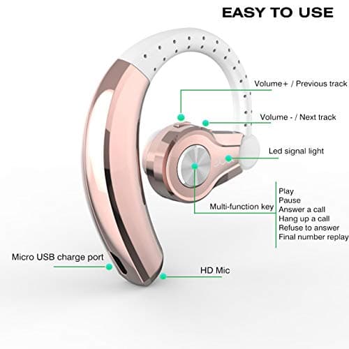 PONYBRO Wireless Headset with Mic,Unmatched Comfy Wireless Earbud w/ 8 Hrs, HiFi Sound Cell Phone Earpiece Hands Free Headphone Compatible with Android/iPhone/Smartphones/Laptop, Rose Gold