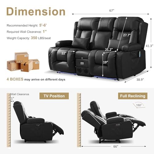URRED Power Loveseat Recliner Sofa with Massage and Heat, Wall Hugger Reclining Loveseat with Console, RV Couch Home Theater Seating with LED Lights for Living Room (Black, 67" - 2 Seats)