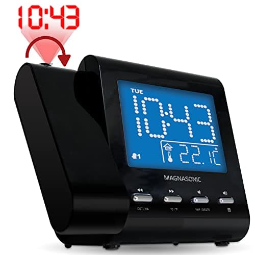 Magnasonic Projection Alarm Clock with AM/FM Radio, Battery Backup, Auto Time Set, Dual Alarm, Nap/Sleep Timer, Indoor Temperature/Date Display with Dimming & 3.5mm Audio Input - Black (EAAC601)