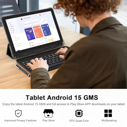 CUPEISI Android 15 Tablet 10 Inch, 20GB RAM+128GB ROM/2TB Expandable, 2.0GHz Quad-core Processor, 1280*800 HD Screen, 5G WiFi6 BT 5.0, 2 in 1 Tablets with Keyboard Case Mouse Stylus, Widevine L1 Black