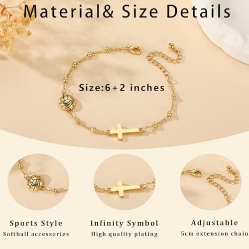 Softball/Volleyball/Soccer/Basketball Football Bracelet for Girls Women, 14K Gold Plated Cross Link Chain Sport Accessories Christian Jewelry Gifts for Teens Team Coach Players B0FSKVMR16