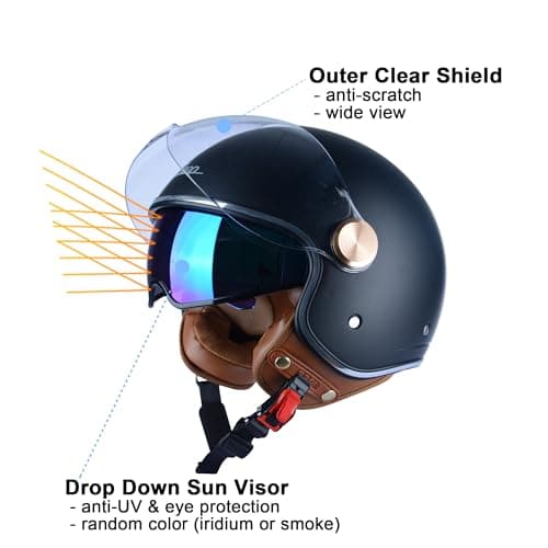 Open Face Motorcycle Helmet for Adults, DOT Approved,3/4 Retro Vespa Helmet, Dual Visors Men's and Women's Motorbike Casco for Moped Cruiser Bobber and Chopper
