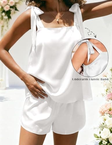 Cute Bridal Pjs, 2 Piece Cami and Shorts Sleepwear for Wedding Day, Bridal Shower, Bachelorette Party, Honeymoon Gifts Ekouaer Womens Silk Pajama Set Bow Tie Knot Tank Top Satin Pjs Sets XS-3XL B0G5PHTL86