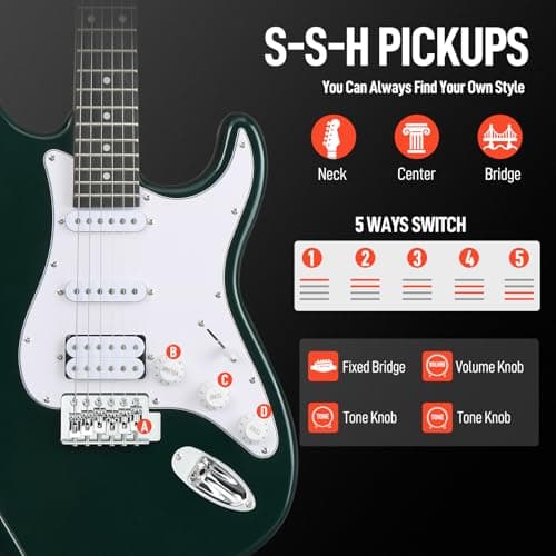 Ktaxon 39 Inch Electric Guitar Kit for Beginner, HSS Pickups 6 String Solid-Body Full Size Adults Electric Guitars W/Amplifier, Bag, Strap, Cable, Accessories - Green
