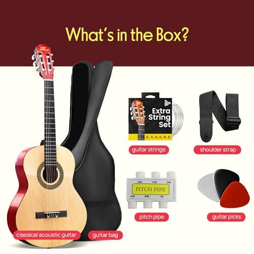 Pyle 30-Inch Beginner Acoustic Guitar Kit, 6-String Classical Style Travel Guitar for Kids & Adults - Includes Shoulder Strap, Strings, Picks, Tuning Pitch Pipe & Storage Gig Bag - Handcrafted Wood