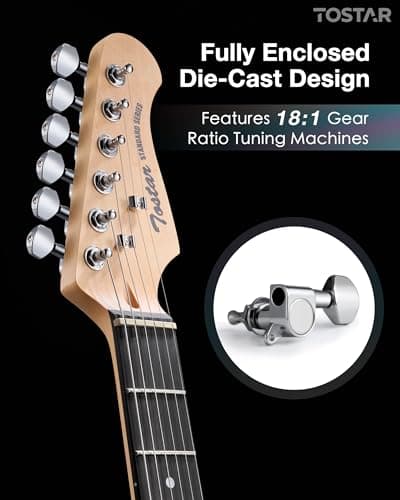 Tostar Beginner Electric Guitar, Solid Body, 39" Full Size Strat Style with HSS Pickups, 5-Way Switch, Tremolo Bridge, Maple Neck & Tectona Fretboard, Ideal for Beginners and Gifting, Black
