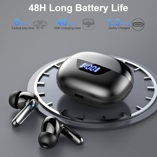 Wireless Earbuds, Bluetooth 5.3 Headphones Bass Stereo, 48Hours Playtime, 4 ENC Mic Clear Calls, Noise Cancelling Ear Buds with LED Display Charging Case,IPX7 Waterproof Earphone for Android iOS Black