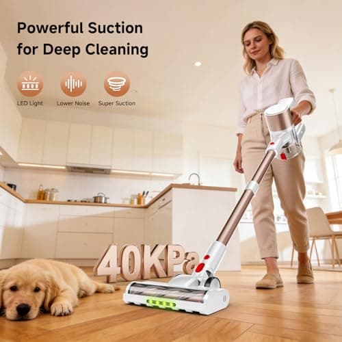 Honki Cordless Vacuum Cleaner, 500W/40Kpa Vacuum Cleaners for Home, Stick Vacuum Cordless with LED Display, Anti-Tangle & Wall Mount, 8 in 1 Lightweight Vacuum for Hard Floors Pet Hair(Gold)