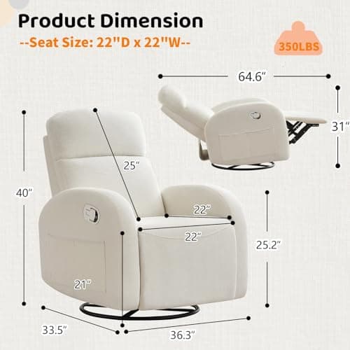 Rocking Recliner Nursery Chair, Swivel Recliner Glider for Nursery with 2 Pockets, Reclining Rocking Chair, Manual Recliners for Living Room, Bedroom, Cream White Chenille