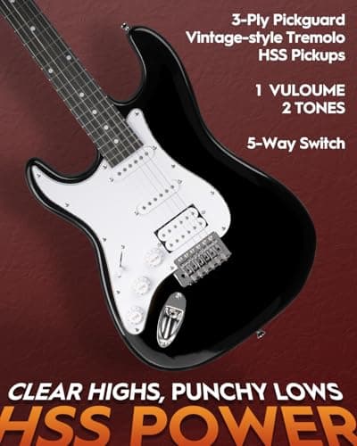 STRICH Electric Guitar Left Hand Beginner Kit, Solid Body 39" Electric Guitar HSS Pick Up for Starter, with 5W x 2 Amp, Bag, Digital Tuner, Capo, Strap, String,Cable, Picks, SST-S20L Black