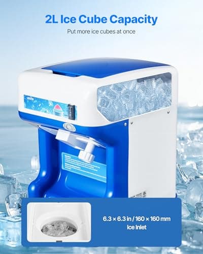 VEVOR Commercial Ice Shaver Crusher,286lbs Per Hour Electric Snow Cone Maker with 2L Ice Cube Box, 250W 1500RPM Tabletop Shaved Ice Machine for Parties Events Snack Bar, Home and Commercial Use (Blue)