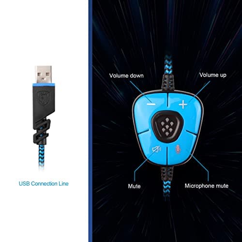 SADES SA902 Stereo Gaming Headset 7.1 USB Surround Sound PC Headsets Over-Ear Gaming Headphones with Microphone LED Light Black Blue
