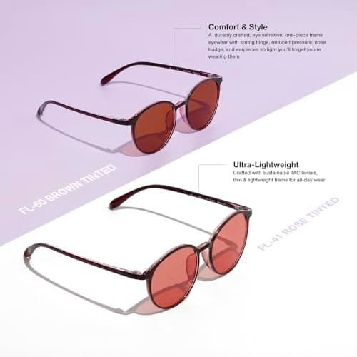 BRADDELL Indoor FL-41 Rose & Outdoor FL-60 Brown Tinted Migraine Light Sensitivity Glasses for Fluorescent LED Glare, Photophobia and Concussion (MEDIUM)