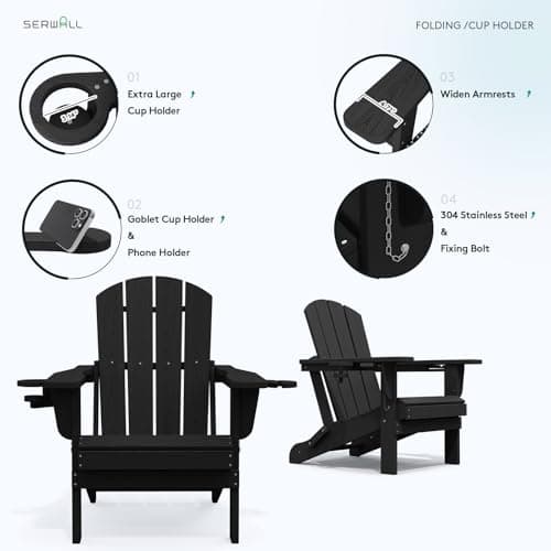 SERWALL HDPE Folding Adirondack Chair with Dual Cup Holder - Composite Adirondack Chair Set of 4- Black