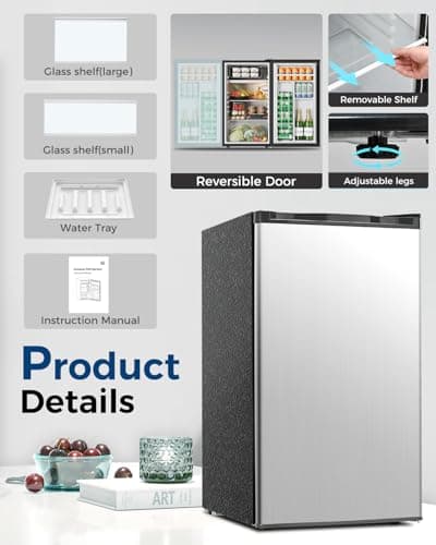 Feelfunn Mini Fridge with Freezer - 3.2 Cu.Ft Single Door Mini Refrigerator with Adjustable Thermostat, Low Noise, Energy Saving, Small Fridge for Bedroom, Apartment, Dorm, Classroom, Office - Silver