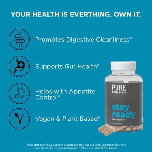 Pure for Men Pure for Men Original Vegan Cleanliness Stay Ready Fiber Supplement | Helps Promote Digestive Regularity | Psyllium Husk, Aloe Vera, Chia Seeds, Flaxseeds | Proprietary Formula | 120 Vegan Capsules