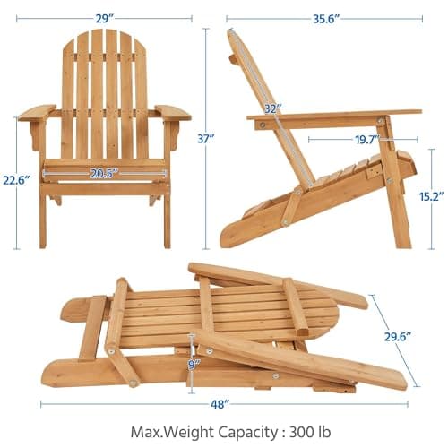 Yaheetech Folding Adirondack Chair Set of 6 Outdoor, 300LBS Solid Wood Garden Chair Weather Resistant, Fire Pit Lounge Chairs for Garden/Yard/Patio/Lawn, Natural Wood