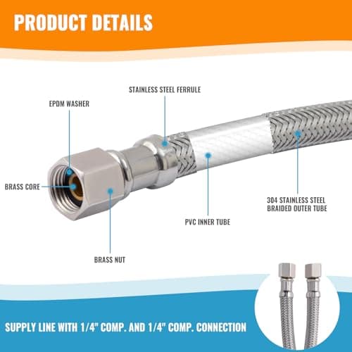 SUNGATOR 5 Feet Refrigerator Water Line, 1/4" Comp X 1/4" Comp Ice Maker Hose, 5 Feet Stainless Steel Braided Ice Maker Water Supply Line with A Wrench and Sealing Tape (1 Pack)