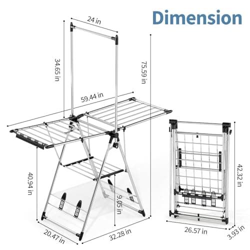 APEXCHASER Clothes Drying Rack with High Hanger, Foldable 3-Level Drying Racks with Shoe Rack, Crossbar and Vertical Rod Laundry Stand with Adjustable Wings Silver