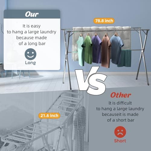 Unkqan Clothes Drying Rack,Heavy Duty Stainless Steel Garment Rack,Adjustable and Foldable Laundry Drying Rack for Indoor Outdoor Drying Rack Clothing with 20 Windproof Hooks (Silver, 79")