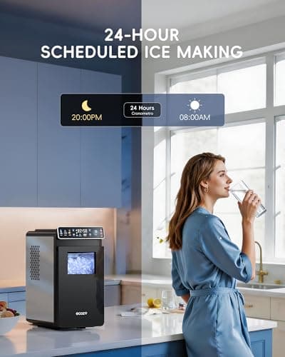 ecozy Ice Makers Countertop, Ultra Slim Design with Full-Color Panel, Internal Lights, 26 lbs/24H, Timer Ice Making, Two Ice Sizes, Portable Self-Cleaning Ice Machine for Home/Kitchen/RV
