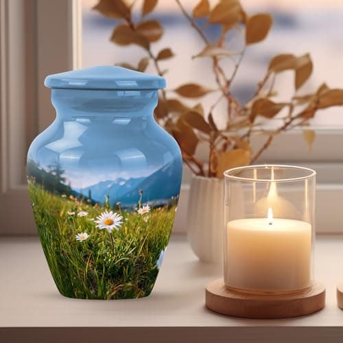 Blue Small Funeral Urn for Ashes for Women and Men Remains - Decorative Travel Urn for Mother and Father Cremation 3 Inch Daisy Burial Urns for Adult Human Ashes B0FJY7YYJ6