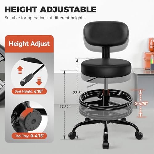 Shop Stool with Wheels for Garage, Mechanics Rolling Chair with Backrest, Adjustable Height Heavy Duty Garage Stool with Footrest and Storage Tray, Swivel Task Chair for Workshop Kitchen Salon