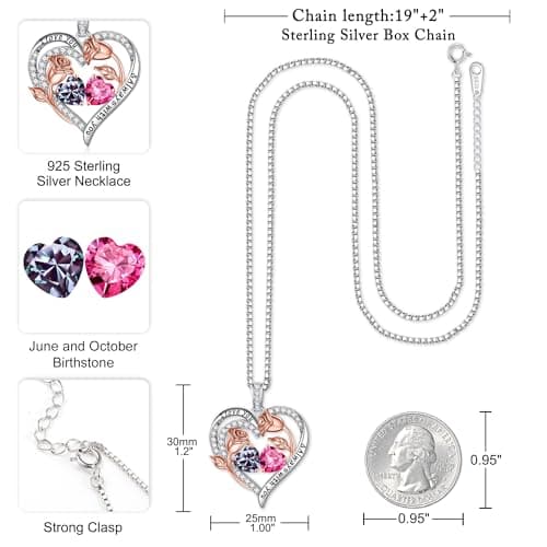 925 Sterling Silver, Gift Box Packaging, Anniversary Birthday Gifts for Wife Mom Daughter Iefil Birthstone Necklace for Women - Rose Heart Necklace B0CJV8W2XC