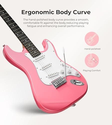 Vangoa 39 Inch Full Size Electric Guitar Beginner Kit Solid Body SSS Pickups with Amp, Bag, Tremolo Bar, Strings, Tuner, Picks, Strap, Capo, Cable for Starter Girls Adults Teens, Petal Pink