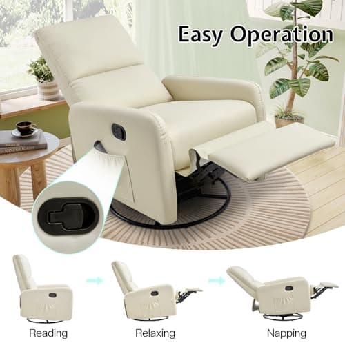 Jocisland Swivel Glider Rocking Recliner Chair for Adults, Nursery Rocker Reclining, Comfy Upholstered Single Sofa Armchair for Living Room Bedroom Nursing, Leather Cream