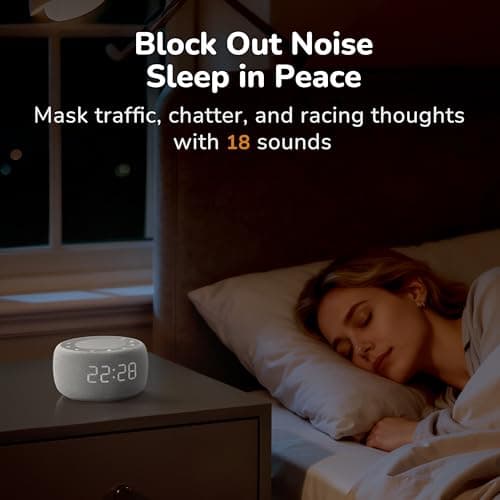 Buffbee Alarm Clock with Sound Machine for Bedrooms – 2-in-1 White Noise Machine for Sleep, Gentle Wake-Up with Soft Alarm Sounds, Ambient Night Light, Plug-in, Sleep Better, Wake Gently