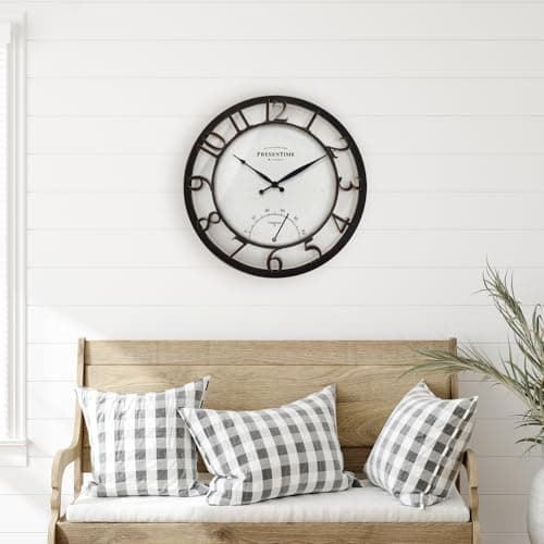 Presentime & Co 13" Farmhouse Outdoor Wall Clock w/Outdoor Thermometer, Cottage Style, Raised 3D Arabic Numerals, Oil Rubbed Bronze Finish (Wall Clock for Patio, Cottage, Poolside, Garden Spaces)
