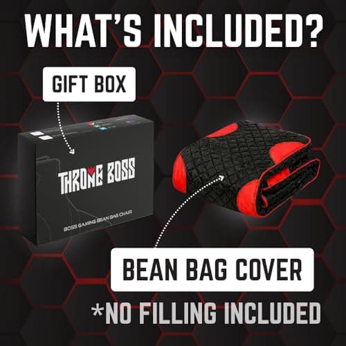 Throne Boss Gaming Bean Bag Chair Cover for Adults with High Back, Red – Large Floor Gaming Chair Cover, Easy to Clean Fabric, Large Pockets, Headphone Hanger, Requires 350 Liters Polystyrene Beans