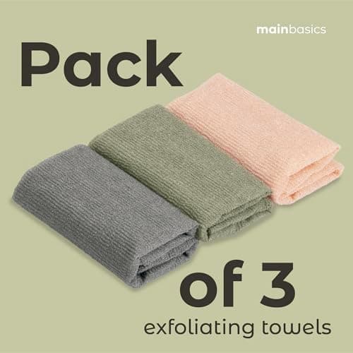 MainBasics Exfoliating Shower Towel - Japanese Nylon Bath Towel and Body Washcloth, Quick-Dry, Durable, Deep Exfoliation (Set of 3, Earthy Love)