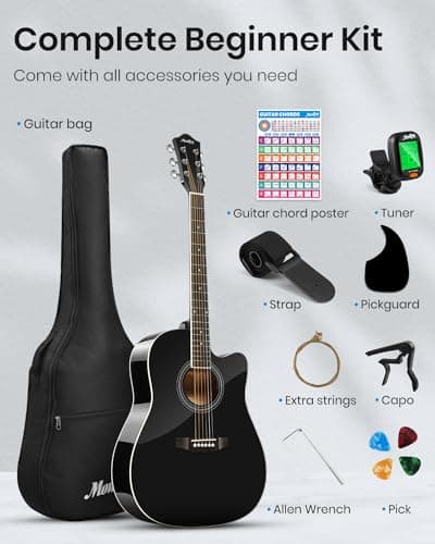 Moukey 41" Acoustic Guitar for Beginners Adult Teen Full Size Guitarra Acustica with Chord Poster, Gig Bag, Tuner,Steel Strings, Capo, Strap - Black