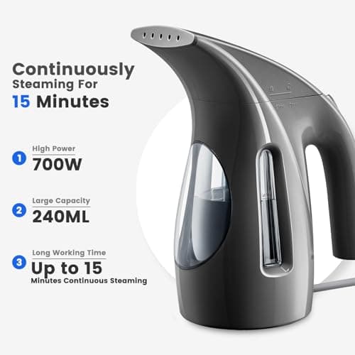 HiLIFE Steamer for Clothes, Portable Handheld Design, 240ml Big Capacity, 700W, Strong Penetrating Steam, Removes Wrinkle, for Home, Office(ONLY FOR 120V)-Black