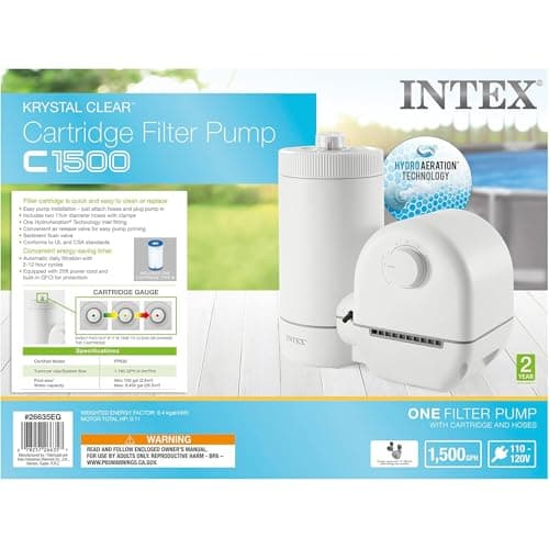 INTEX C1500 Cartridge Filter Pump for AGP: 1500 GPH Pump Flow Rate - Cartridge Gauge Indicator - HydroAeration Technology - Includes Type A Filter Cartridge - Turnover Rate/System Flow 1180 GPH