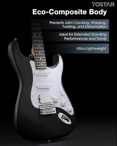 Tostar Beginner Electric Guitar, Solid Body, 39" Full Size Strat Style with HSS Pickups, 5-Way Switch, Tremolo Bridge, Maple Neck & Tectona Fretboard, Ideal for Beginners and Gifting, Black