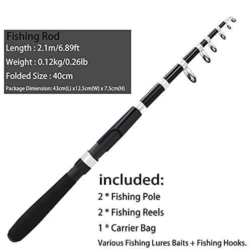 Fishing Pole Combo Set,2.1m/6.89ft 2PCS Collapsible Rods 2PCS Spinning Reels Lures Set Carrier Bag Carbon Fiber Telescopic Fishing Rods Sea Saltwater Freshwater Kit Fishing Rod Reel Combos