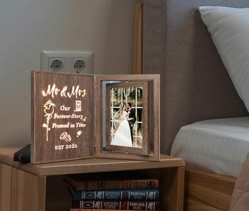 Bridal Shower Gifts for Bride Groom, Wood Wedding Photo Frames 4x6 for 2 Pictures EYITUPC Rotating Light Up Mr Mrs 2026 Wood Frame Bridal Shower Wedding Gift B0G1Y2DY35